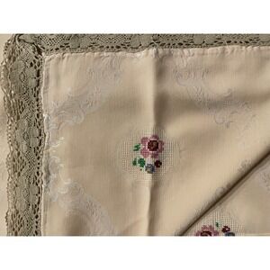 Vintage Pink Embroidered Crochet Lace Damask Tablecloth Square 64"